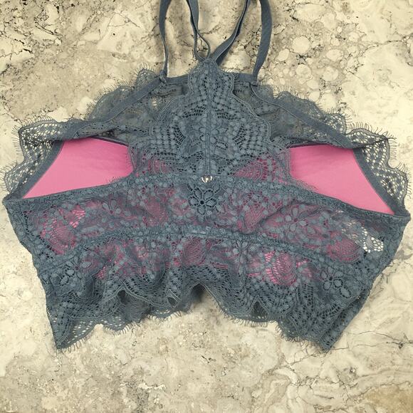 PINK Victoria’s Secret Eyelash Lace High Neck Racerback Push Up Bralette Blue - Picture 7 of 16